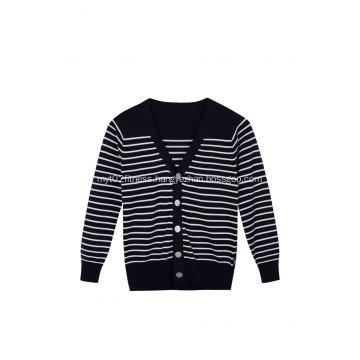 Boy's Knitted Buttoned White Black Stripe School Cardigan